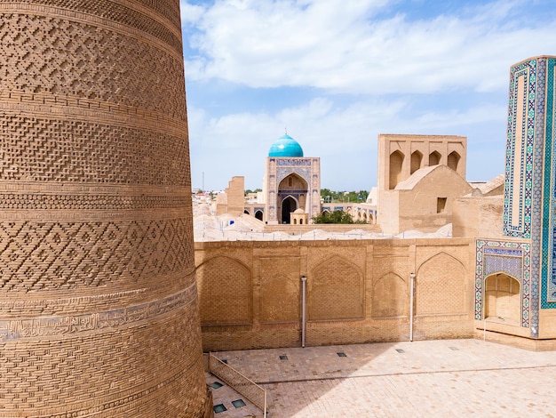 Bukhara Uzbekistan Aerial view of MiriArab Madrasa Kalyan minaret Translation on mosque Poi Kalyan Mosque