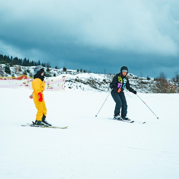 BUKOVEL, UKRAINE - December 9, 2018: people skiing. winter vacation. sport activity