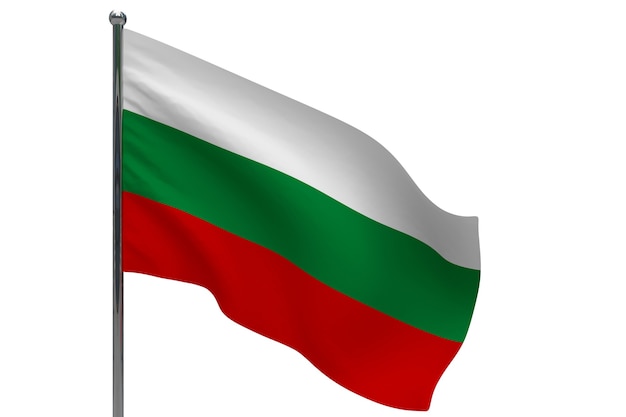 Bulgaria flag on pole. Metal flagpole. National flag of Bulgaria 3D illustration on white