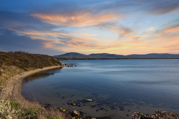 Bulgarian landscape with the Black Sea and stones at sunset