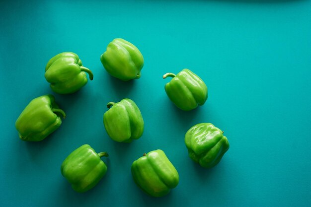 Bulgarian peppers are green on a green background Fresh and crunchyVegetarian food