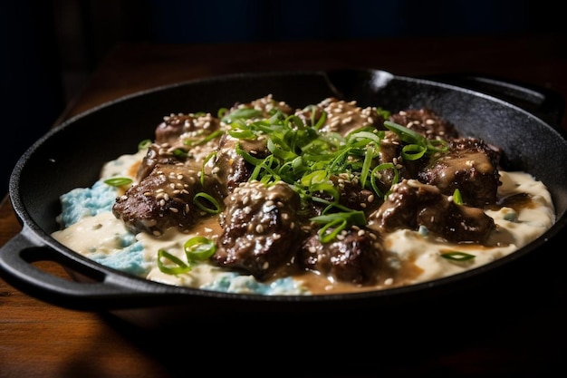 Photo bulgogi with creamy blue cheese yummy delicious bulgogi food image photography