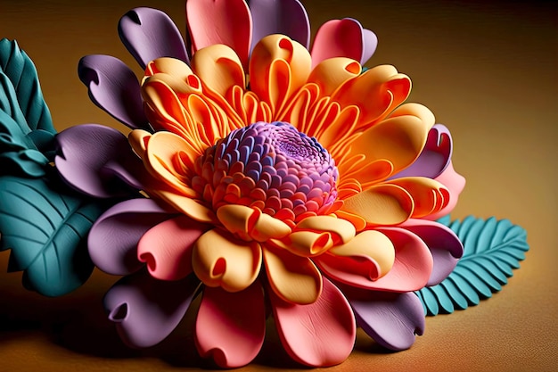 Bulky large orange plasticine flower with fluffy petals created with generative ai