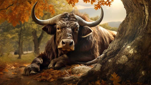 Bull animal laying down on under tree image Generative AI