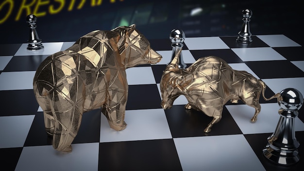 The bull and bear on chess board for business concept 3d rendering