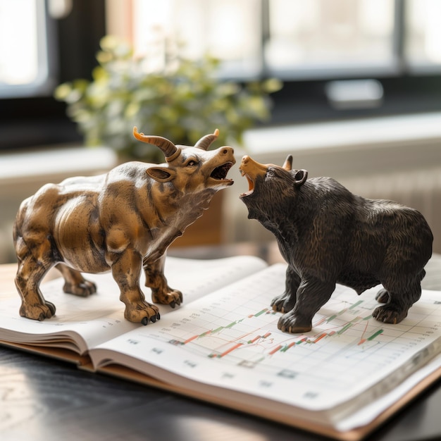 Photo bull and bear figurines on a desk with stock market charts bright light white background aar 64 job id 6f4b2ccd98b244278425a5444ff5f807