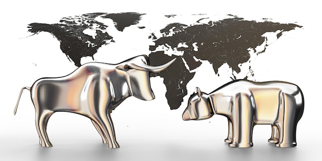 Bull and bear world map stock exchange market concept 3D illustration