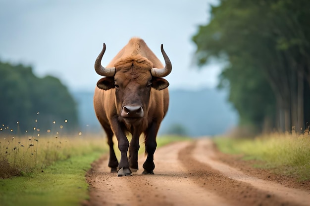 A bull on a dirt road with trees in the background