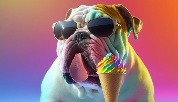 Bull Dog Wearing Sunglasses and Eating an Ice Cream Cone on a Colorful Background Generative AI