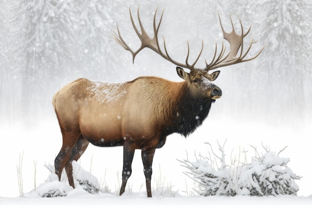 Bull elk standing in Canada39s winter snow on a white background