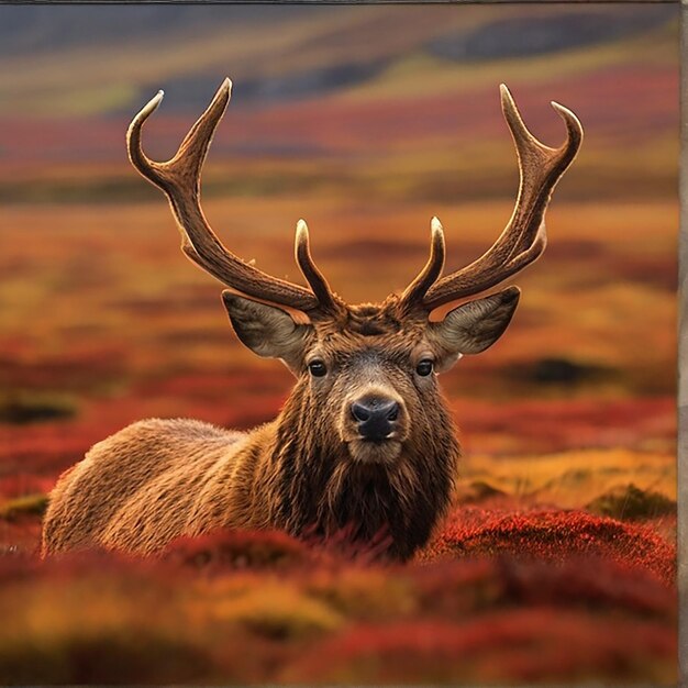 A bull elk stands in a field with a golden glow ai photo