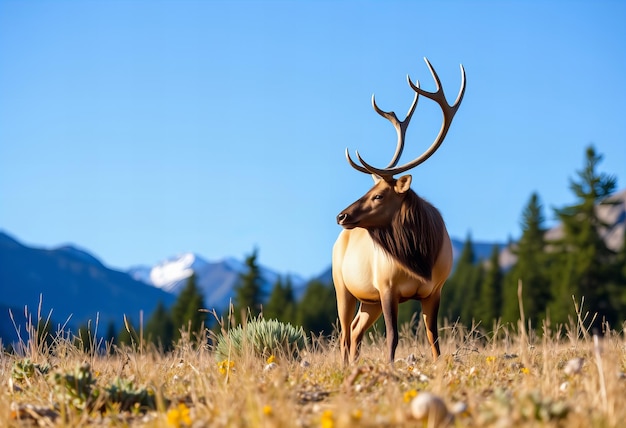 Photo a bull elk stands in a field with a mountain in the background