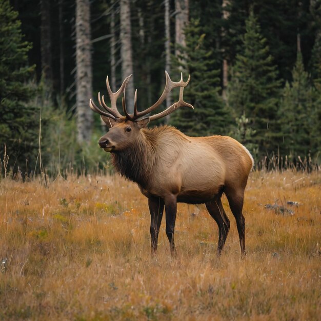 a bull elk stands in a field with trees in the background