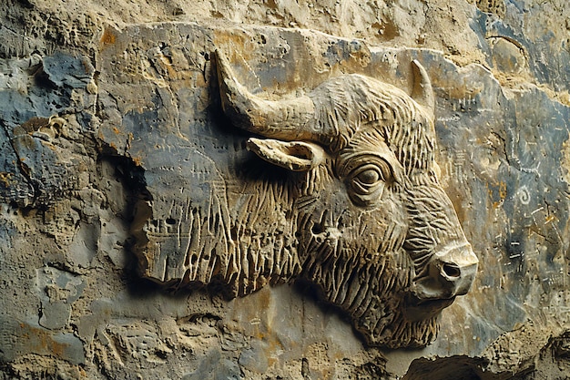 Photo a bull head with horns on it is carved into a stone wall