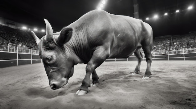 A bull is walking in a arena with a black and white photo.