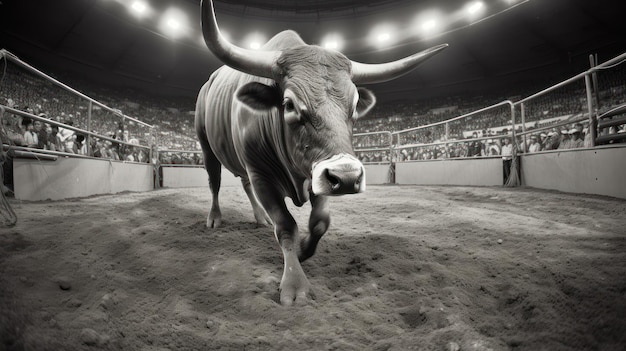 A bull is walking in a arena with a crowd in the background.