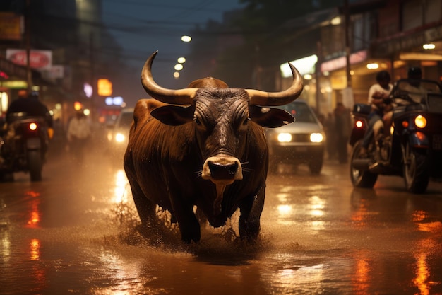 a bull is walking down a street at night