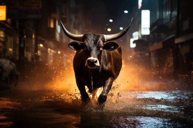 a bull is walking through a city street at night