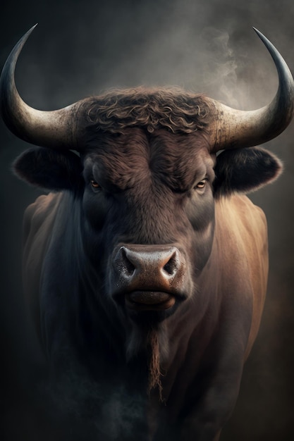 Bull portrait on dark background AI Generative