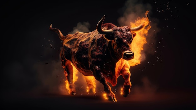 Bull running on fire Business bull market concept Ai generated