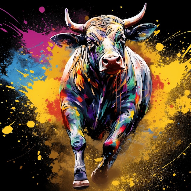 Bull running Toro corriendo colorful pop art style paint