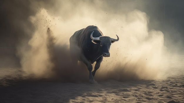 A bull runs through dust