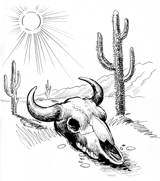 Bull's skull in Mexican desert Ink black and white drawing