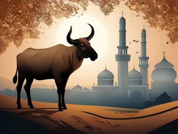 a bull standing in front of a mosque Concept as eid ul adha AI generative