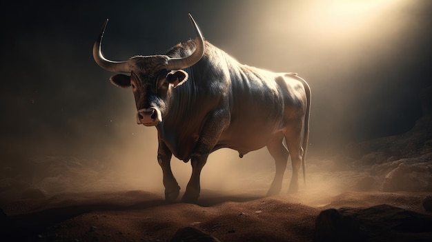 A bull stands in the desert with a light on it.