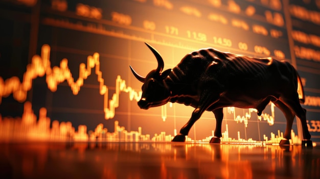 Bull statue with stock market graph and rising numbers symbolizing a bullish financial market