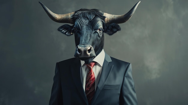 A bull in a suit looks directly at the camera