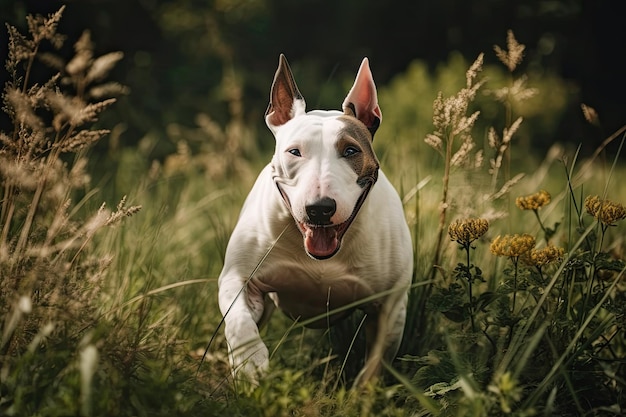 Bull Terrier playing in a grass field dog activity joyful dog Generative AI