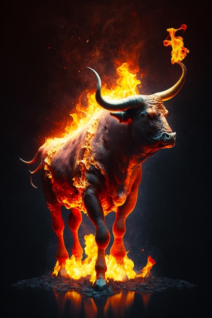 Bull that is standing on fire with it's head in the air Generative AI