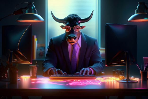 Bull trading with computer Bullish in Stock market and Crypto currency Created Generative Ai