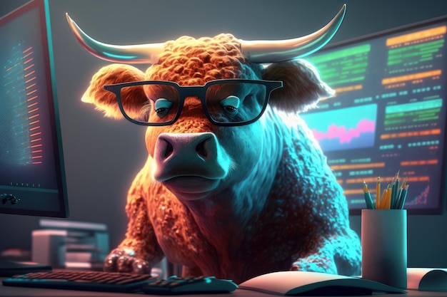 Bull trading with computer Bullish in Stock market and Crypto currency Generative Ai