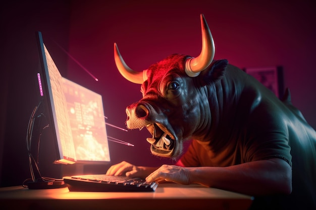 Bull trading with computer Bullish in Stock market and Crypto currency Generative Ai