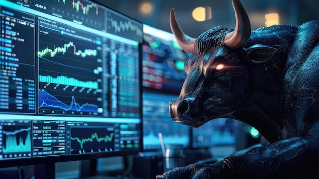 Bull trading with computer Bullist in Stock market and Crypto currency