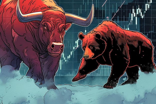 Bull vs Bear Cartoon Conflict Against Stock Price Chart