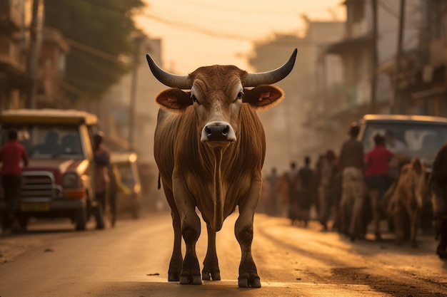 a bull walking down a city street with cars and people in the background