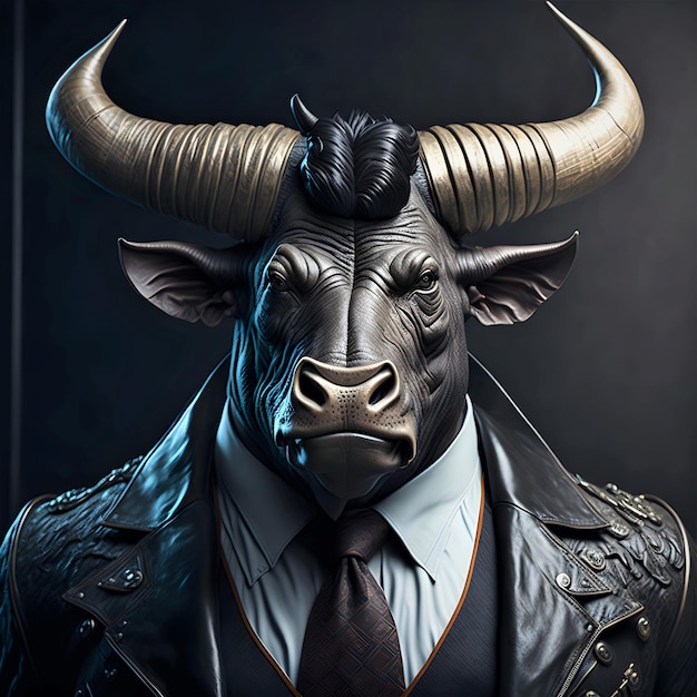 A bull wearing a jacket and a jacket with a tie.