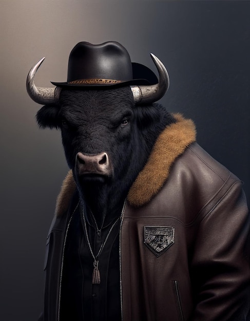 A bull wearing a leather jacket and hat