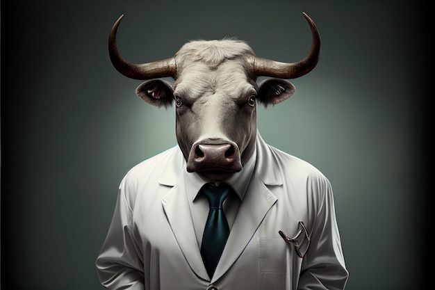 A bull wearing a suit and tie stands in front of a grey background.