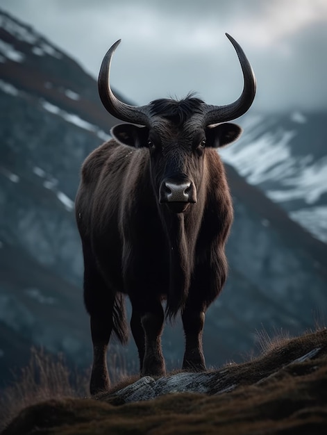 A bull with big horns stands on a mountain generative ai