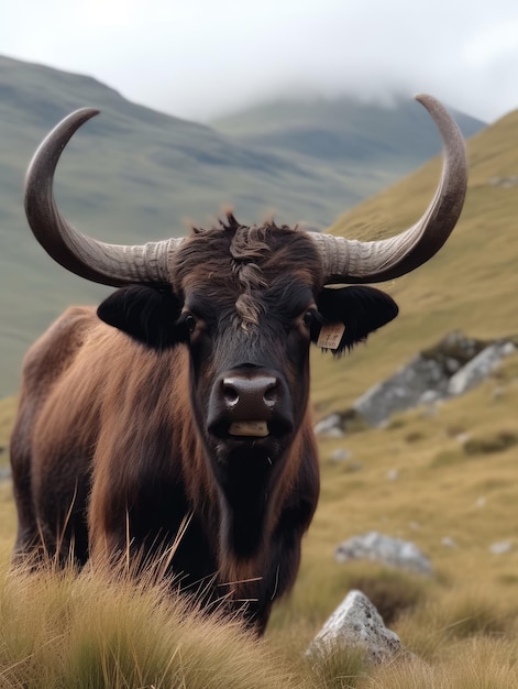 A bull with big horns stands on a mountain generative ai