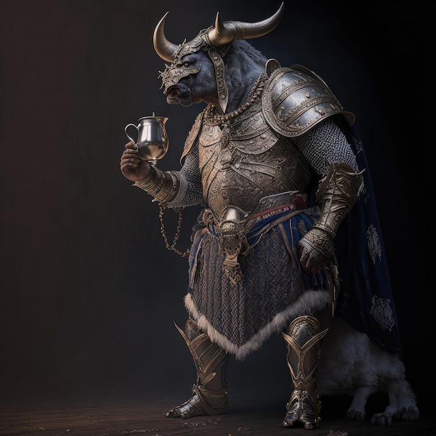 A bull with a blue cape and a black cape is standing next to a cup of wine.