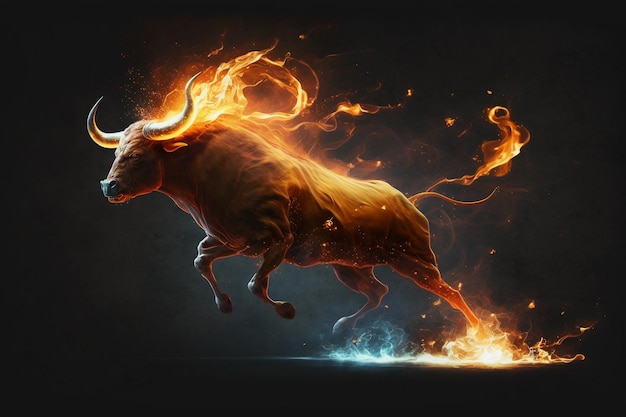 A bull with a burning horn is running in front of a black background.