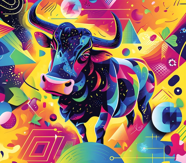 Photo a bull with a colorful background of different colors and shapes