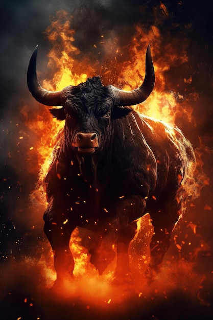 A bull with a fireball in the background