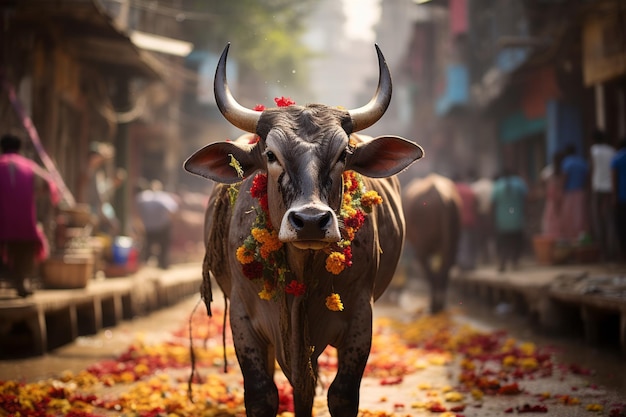 a bull with flowers on its head walking down a street