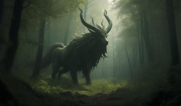 a bull with horns is in the forest